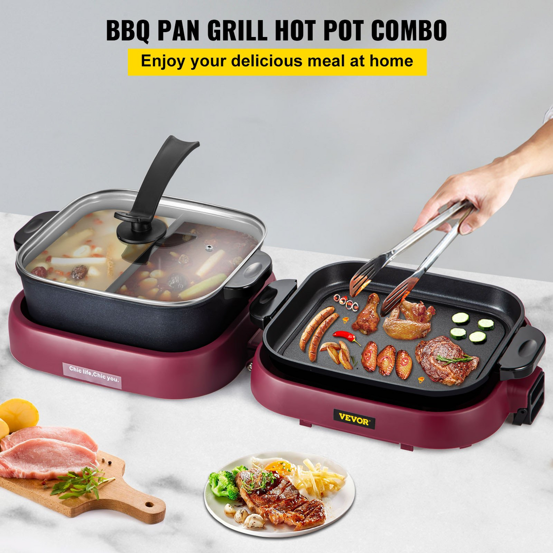 VEVOR 2 in 1 Electric BBQ Pan Grill Hot Pot - Foldable Design, Dual Temperature Control, High-Efficient Heating - 2100W