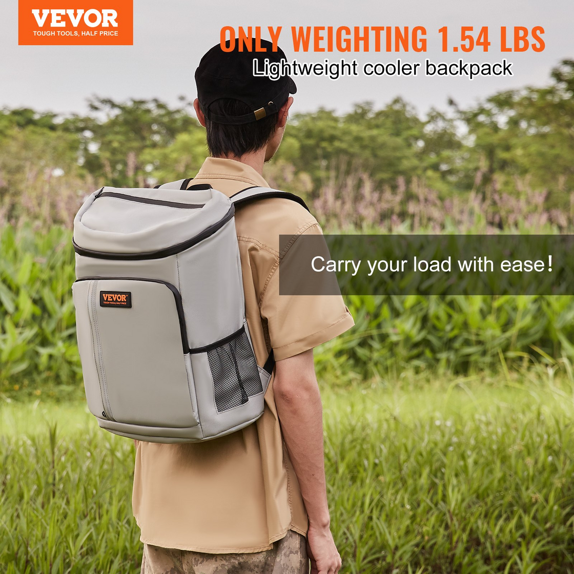 VEVOR Cooler Backpack, 28 Cans Leakproof Backpack Cooler - Waterproof, Insulated, Lightweight Beach Cooler Bag for Hiking, Camping, BBQ - Grey