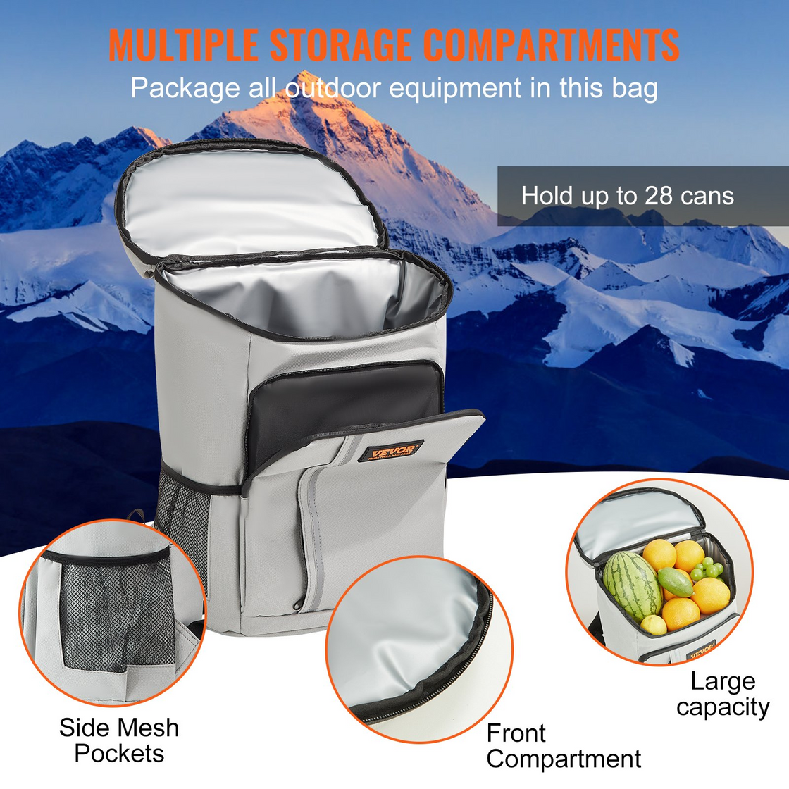 VEVOR Cooler Backpack, 28 Cans Leakproof Backpack Cooler - Waterproof, Insulated, Lightweight Beach Cooler Bag for Hiking, Camping, BBQ - Grey