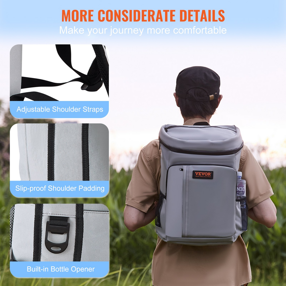 VEVOR Cooler Backpack, 28 Cans Leakproof Backpack Cooler - Waterproof, Insulated, Lightweight Beach Cooler Bag for Hiking, Camping, BBQ - Grey