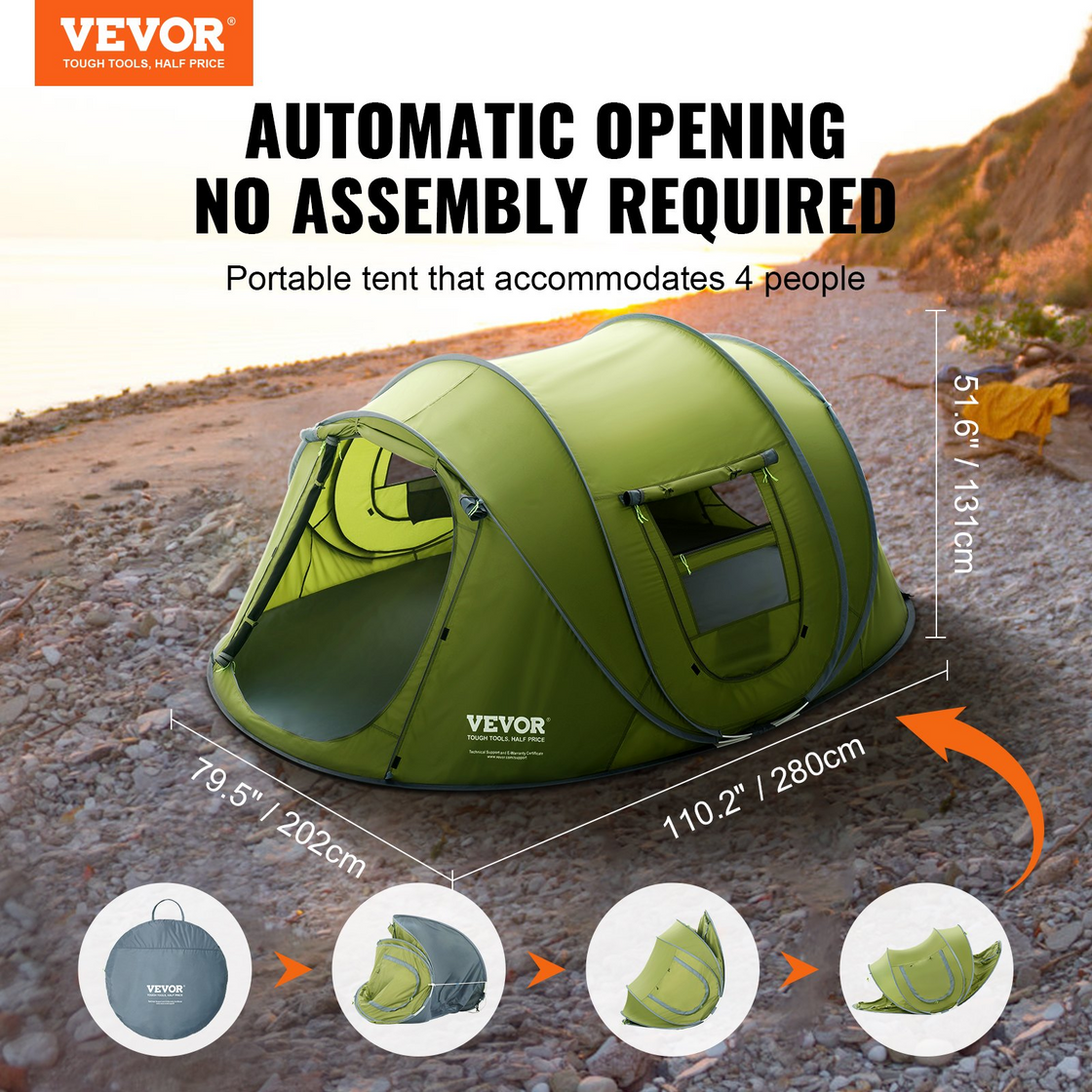 VEVOR Camping Tent - Easy Setup, Waterproof, 9.2 x 6.6 ft Pop Up Tent for 4 Person, with Door and Window - Perfect for Outdoor Family Camping, Hiking, and Hunting