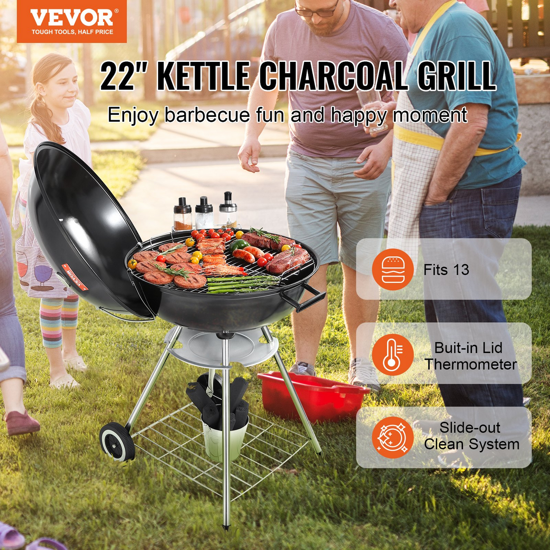 VEVOR 22 inch Kettle Charcoal Grill, Premium Kettle Grill with Wheels and Cover, Porcelain-Enameled Lid and Ash Catcher & Thermometer for BBQ, Round Barbecue Grill Outdoor Cooking, Picnic, Patio and Backyard
