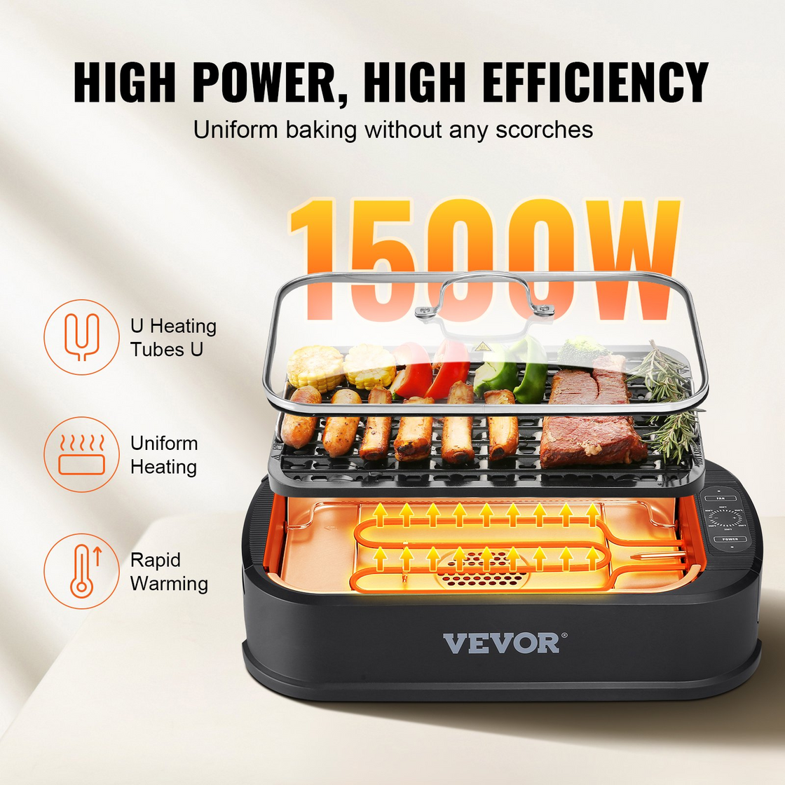 VEVOR Smokeless Indoor Grill, 110 sq.in 1500W Electric BBQ Grill with Non-Stick Surface | Adjustable Temperature | Turbo Smoke Extractor | Detachable Dishwasher-safe Smokeless Grill for Party Camping