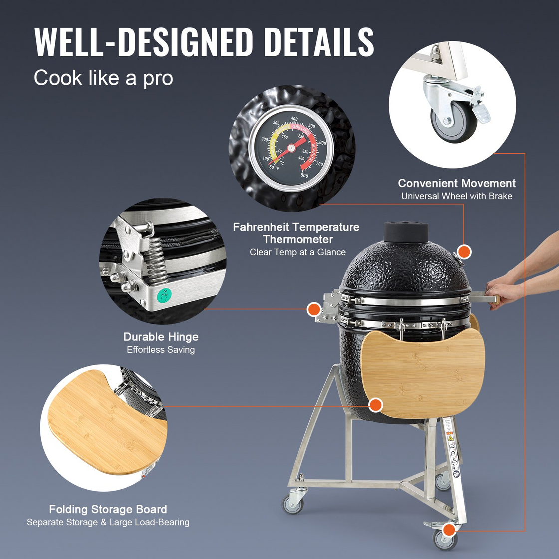 VEVOR 18" Ceramic Barbecue Grill Smoker Portable Round Outdoor Grill for Patio