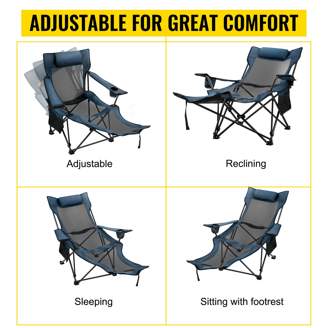 VEVOR Folding Camp Chair with Footrest Mesh, Portable Lounge Chair - Blue