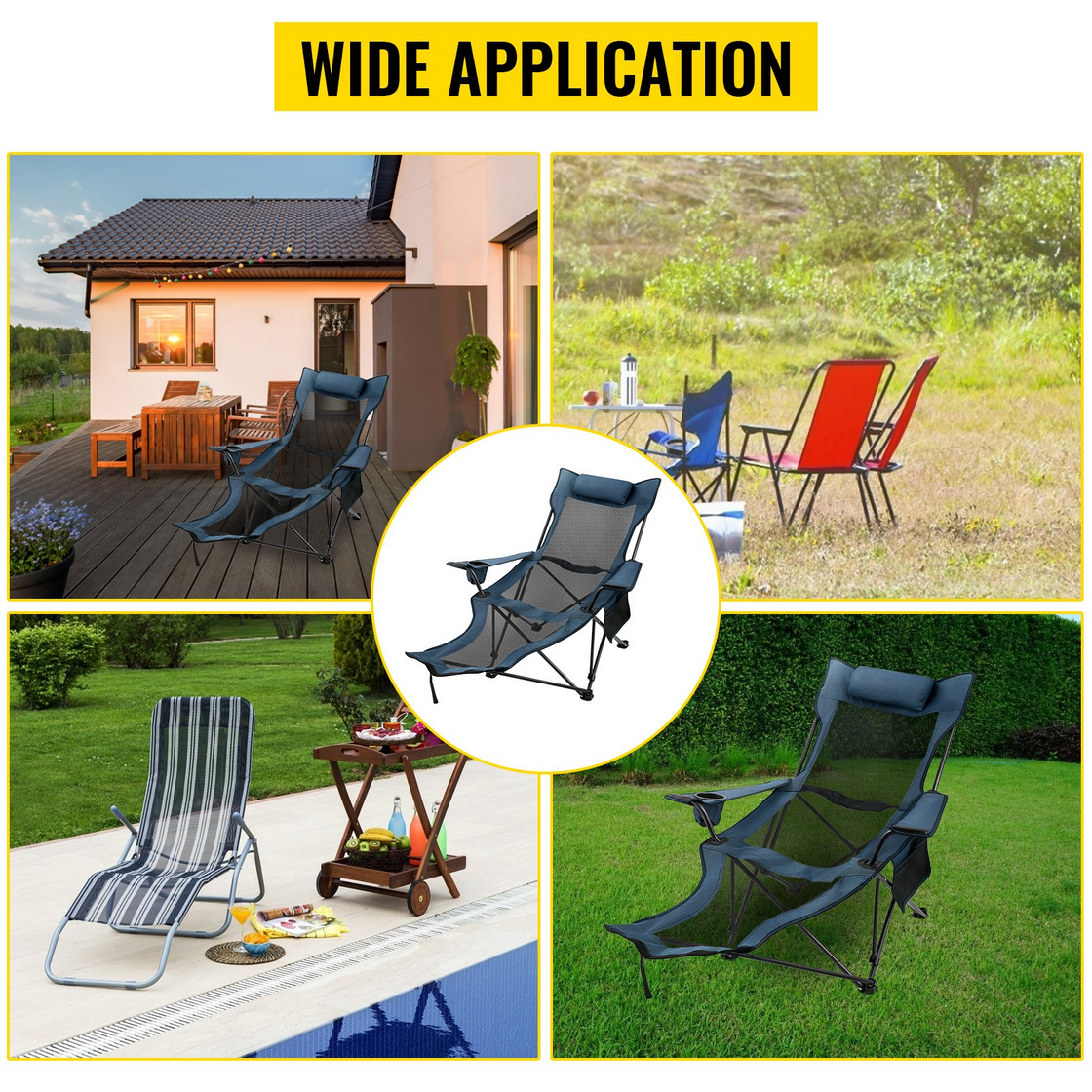 VEVOR Folding Camp Chair with Footrest Mesh, Portable Lounge Chair - Blue