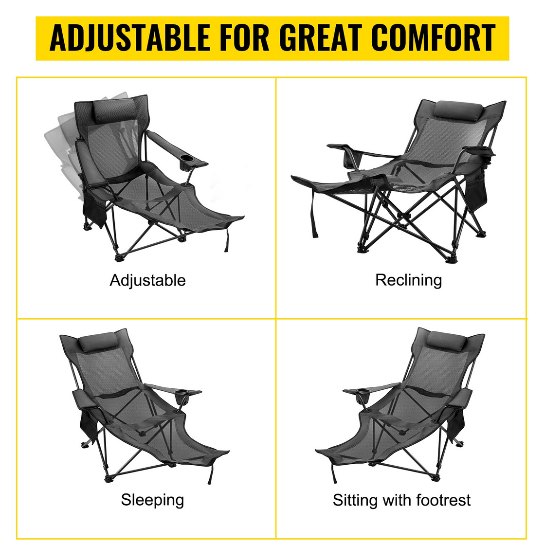 VEVOR Folding Camp Chair with Footrest Mesh | Portable Lounge Chair with Cup Holder and Storage Bag for Camping Fishing | Grey