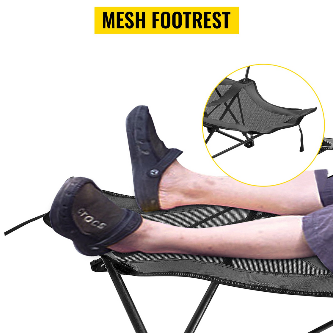 VEVOR Folding Camp Chair with Footrest Mesh | Portable Lounge Chair with Cup Holder and Storage Bag for Camping Fishing | Grey