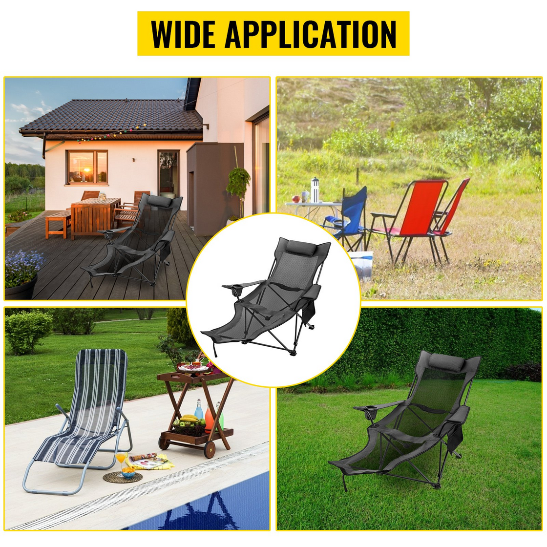 VEVOR Folding Camp Chair with Footrest Mesh | Portable Lounge Chair with Cup Holder and Storage Bag for Camping Fishing | Grey