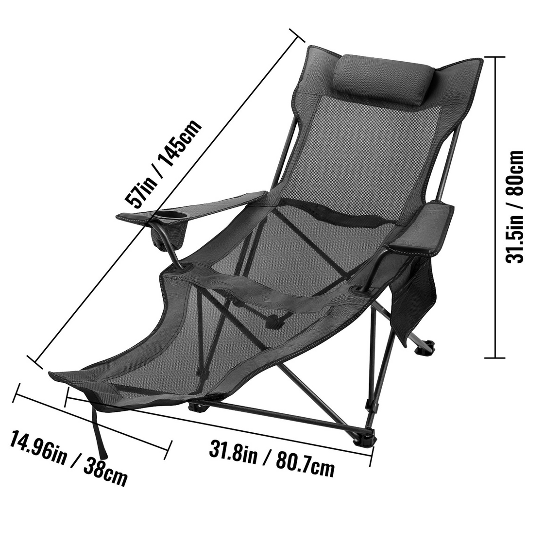 VEVOR Folding Camp Chair with Footrest Mesh | Portable Lounge Chair with Cup Holder and Storage Bag for Camping Fishing | Grey