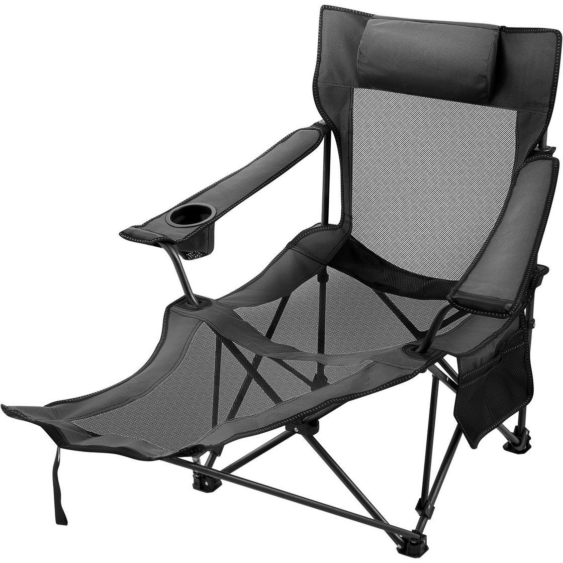 VEVOR Folding Camp Chair with Footrest Mesh, Portable Lounge Chair with Cup Holder and Storage Bag, for Camping Fishing and Other Outdoor Activities (Grey)