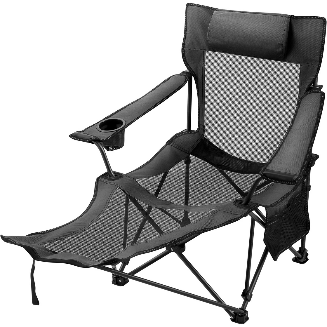 VEVOR Folding Camp Chair with Footrest Mesh | Portable Lounge Chair with Cup Holder and Storage Bag for Camping Fishing | Grey