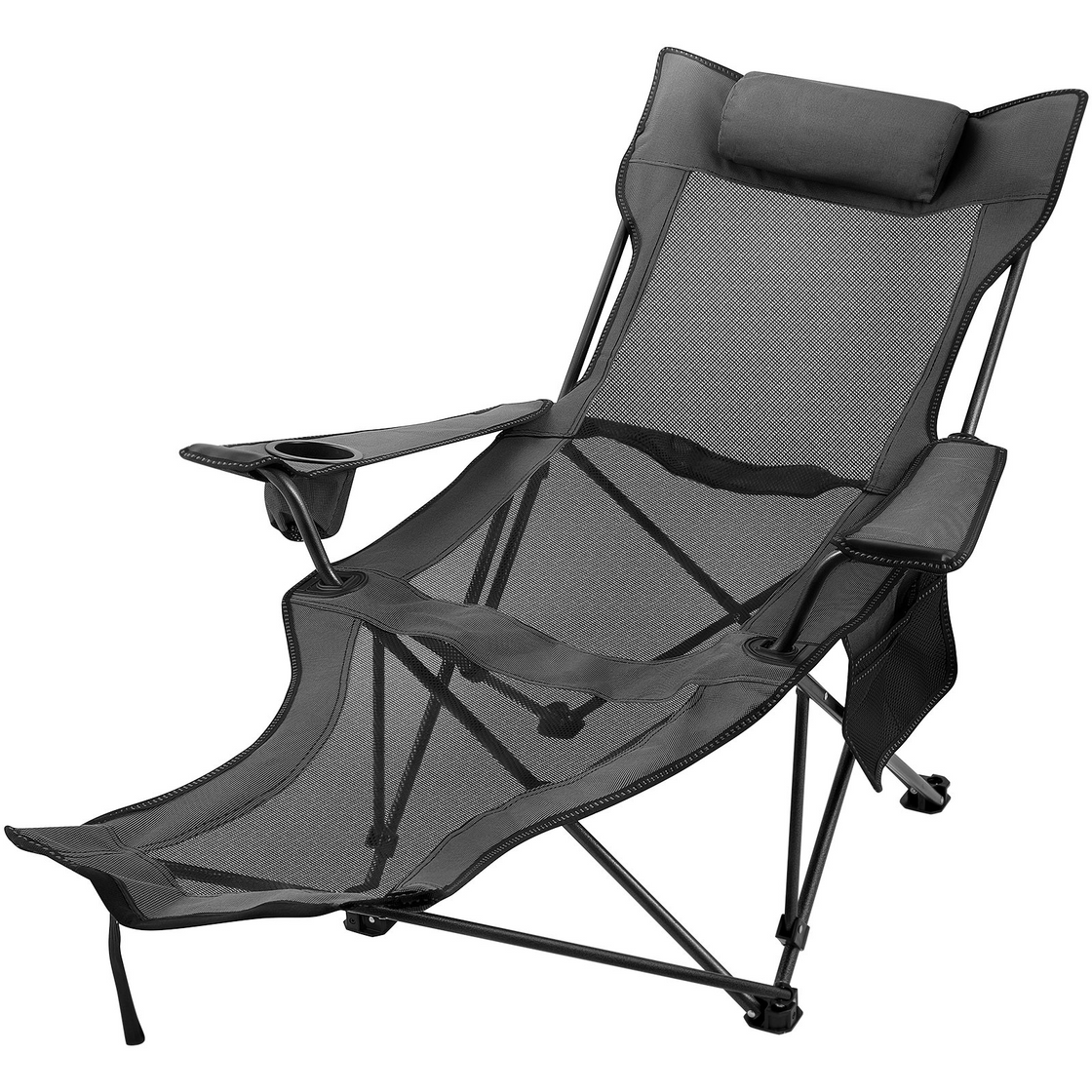 VEVOR Folding Camp Chair with Footrest Mesh | Portable Lounge Chair with Cup Holder and Storage Bag for Camping Fishing | Grey