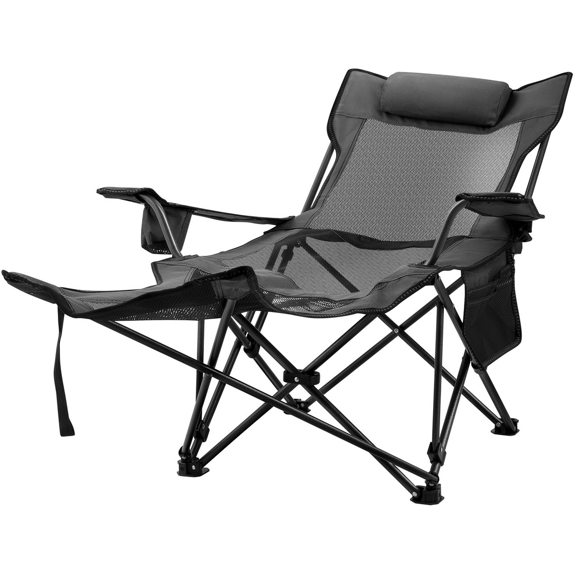 VEVOR Folding Camp Chair with Footrest Mesh | Portable Lounge Chair with Cup Holder and Storage Bag for Camping Fishing | Grey