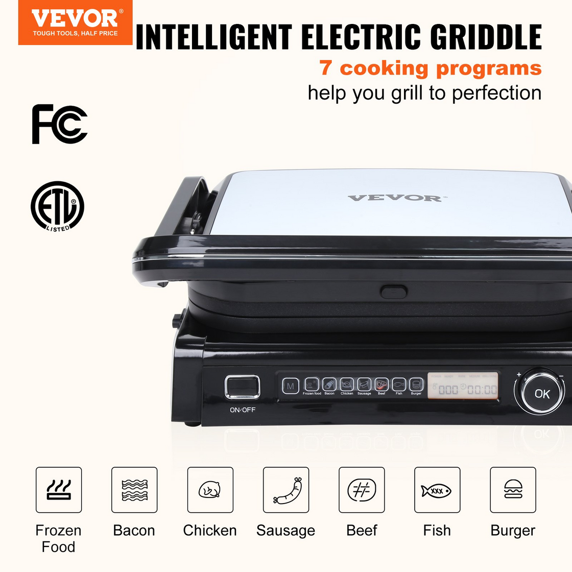 VEVOR 7 IN 1 Commercial Electric Griddle - 14.4" 1800W Indoor Countertop Grill