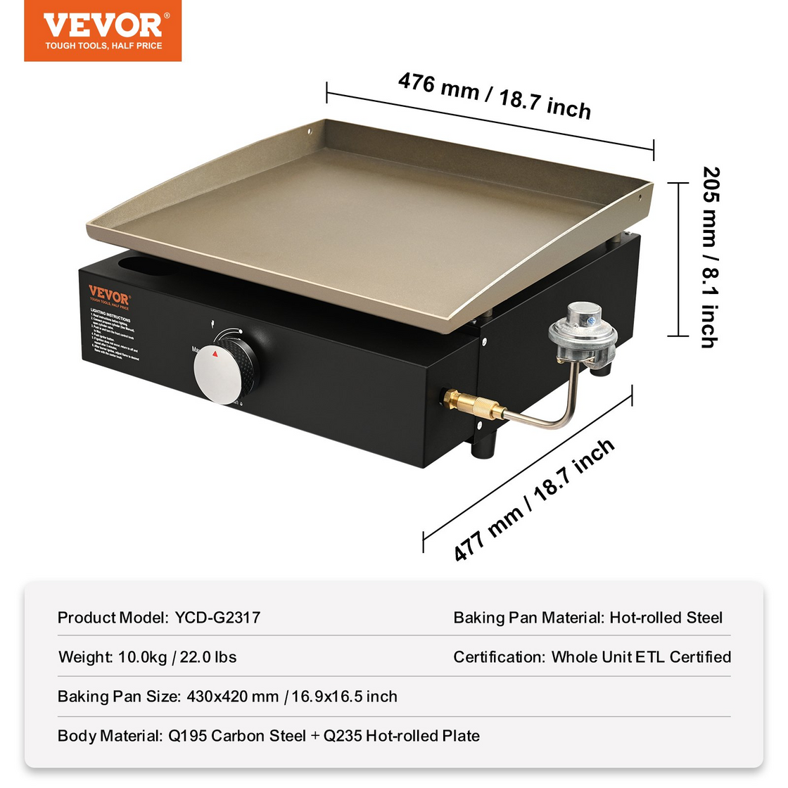 VEVOR Commercial Griddle, 16.9" Heavy Duty Manual Flat Top Griddle, Countertop Gas Grill