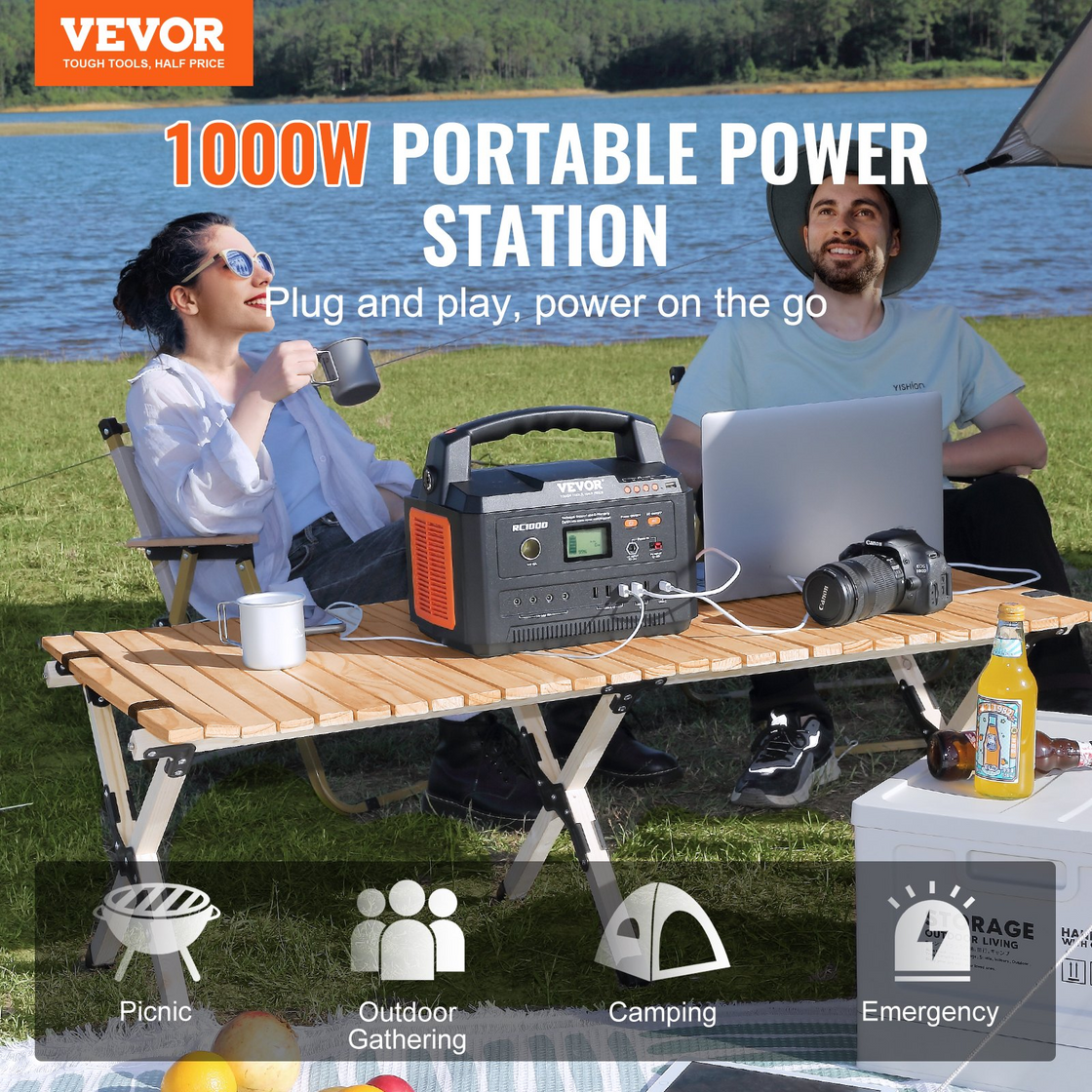 VEVOR Portable Power Station Solar Generator 999Wh 1000W with 12 Charging Ports