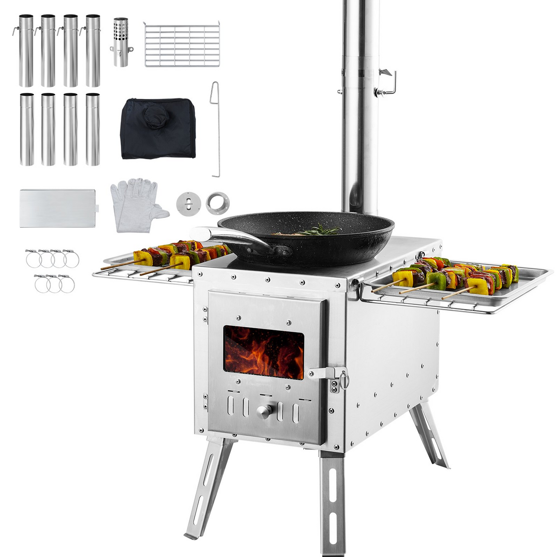 VEVOR Wood Stove, 86 inch, Stainless Steel Camping Tent Stove, Portable Wood Burning Stove with Chimney Pipes & Gloves, 3000in³Firebox Hot Tent Stove for Outdoor Cooking and Heating with 8 Pipes