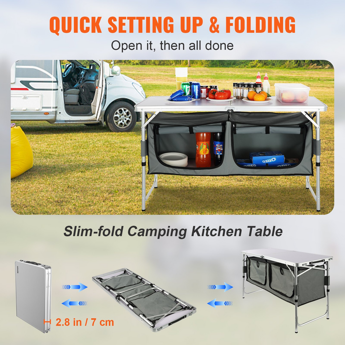 VEVOR Camping Kitchen Table, Quick set-up Folding Camping Table, 3 Adjustable Heights, MDF Camping Table, Ideal for Outdoor Picnics, BBQs, Camping, RV Traveling