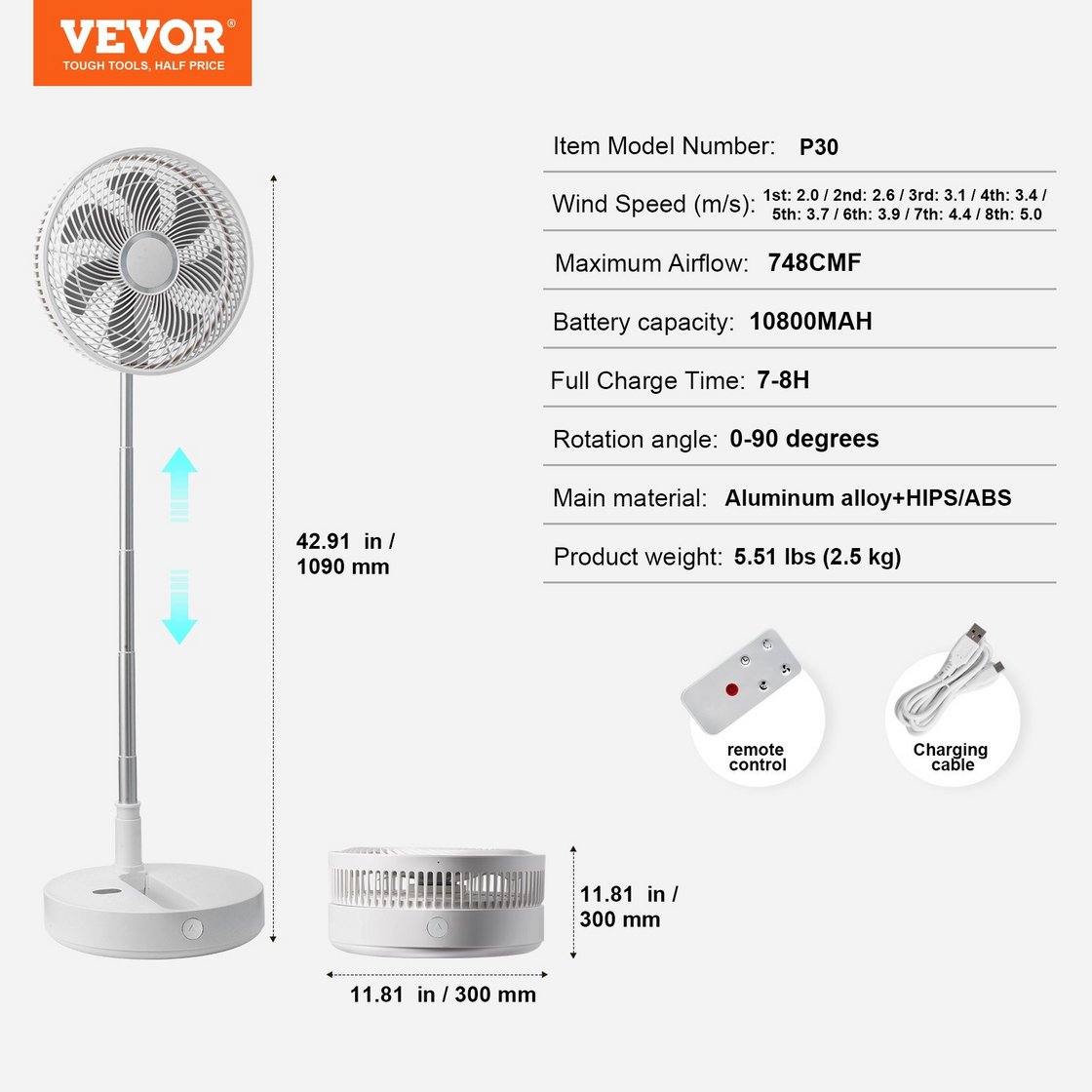 VEVOR Portable Fan Rechargeable 13 inch with LED Lantern