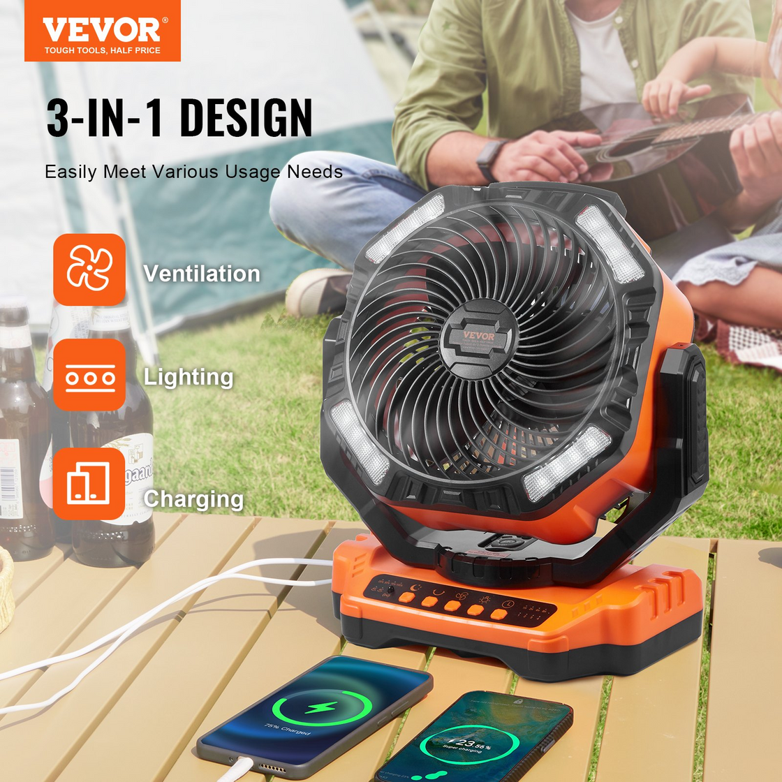 VEVOR Portable Fan Rechargeable 13 inch with LED Lantern