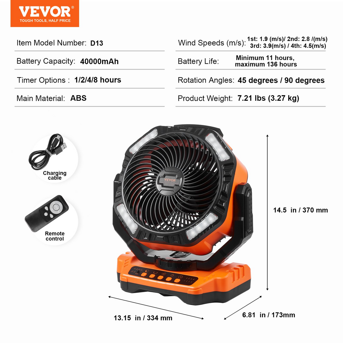 VEVOR Portable Fan Rechargeable 13 inch with LED Lantern