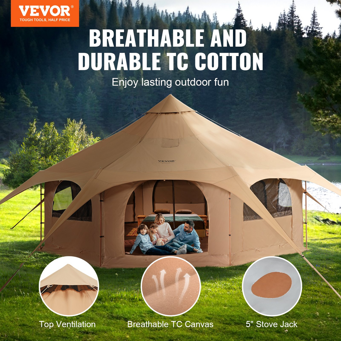 VEVOR Canvas Tent, 4 Seasons 5 m/16.4 ft Bell Tent, Canvas Tent for Camping with Stove Jack, Breathable Yurt Tent for up to 8 People, Family Camping Outdoor Hunting Party