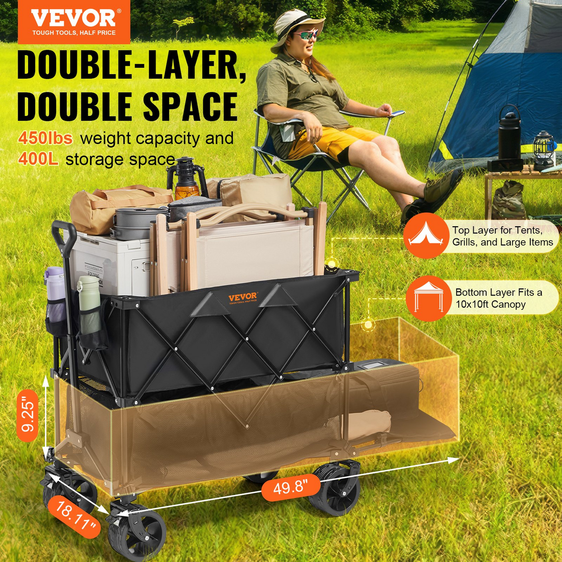 VEVOR Foldable Double Decker Wagon - Collapsible Wagon Cart with All-Terrain Wheels
