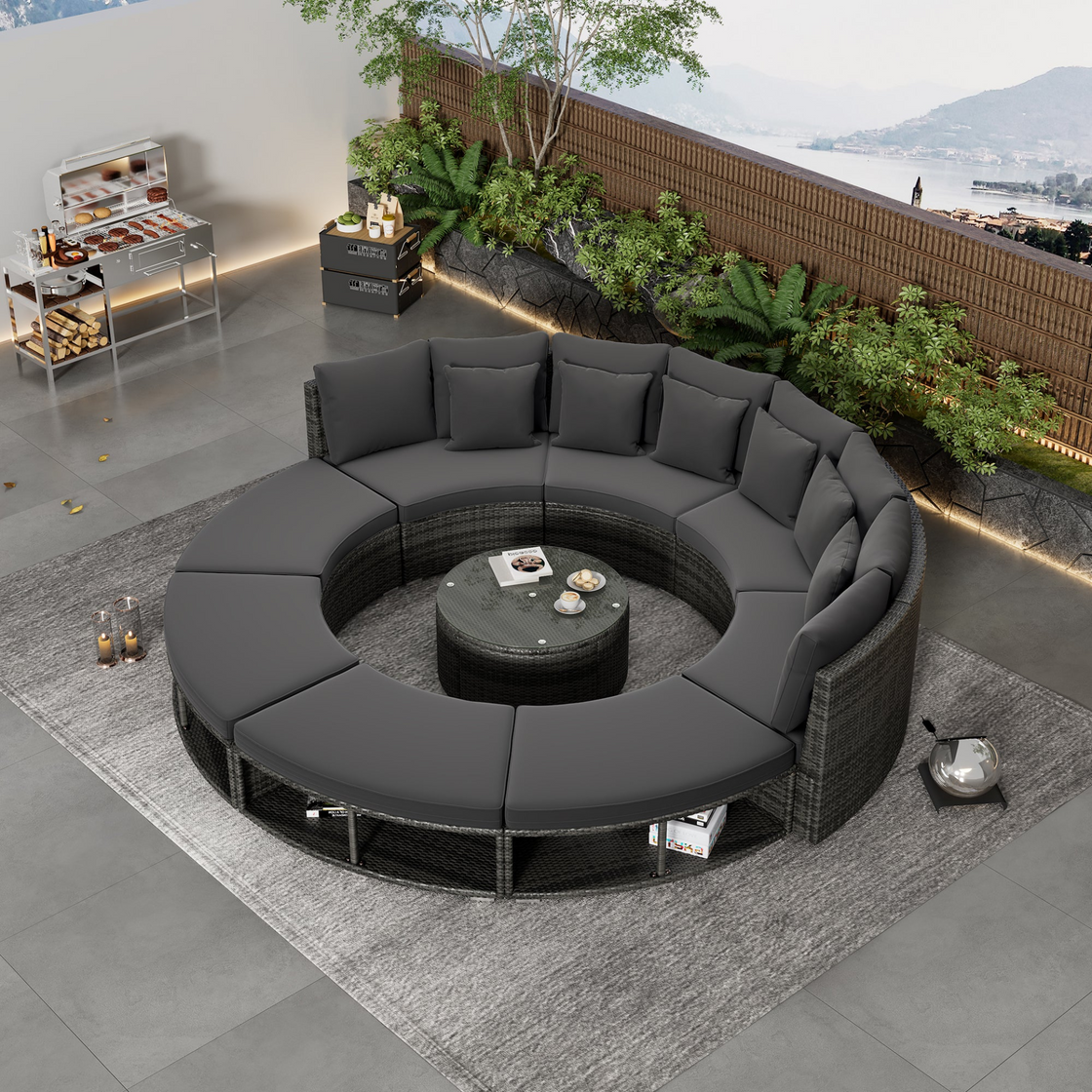 Luxury Circular Outdoor Sofa Set - 9-Piece Rattan Wicker Sectional Sofa Lounge Set with Coffee Table and 6 Pillows, Grey