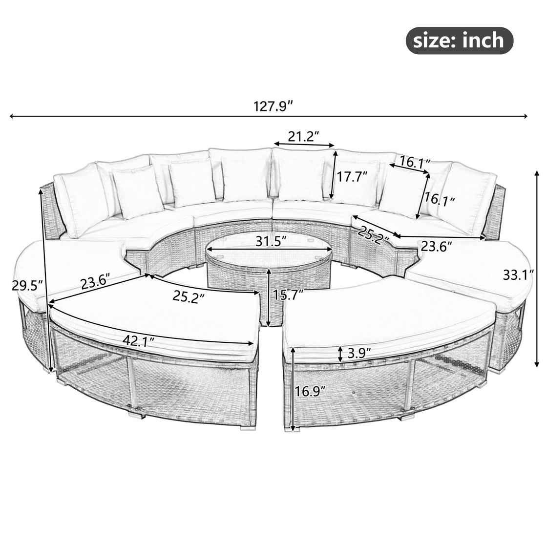 Luxury Circular Outdoor Sofa Set - 9-Piece Rattan Wicker Sectional Sofa Lounge Set with Coffee Table and 6 Pillows, Grey