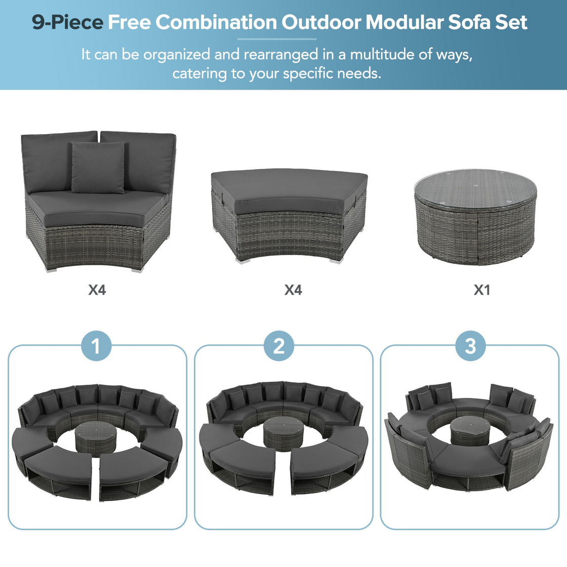 Luxury Circular Outdoor Sofa Set - 9-Piece Rattan Wicker Sectional Sofa Lounge Set with Coffee Table and 6 Pillows, Grey