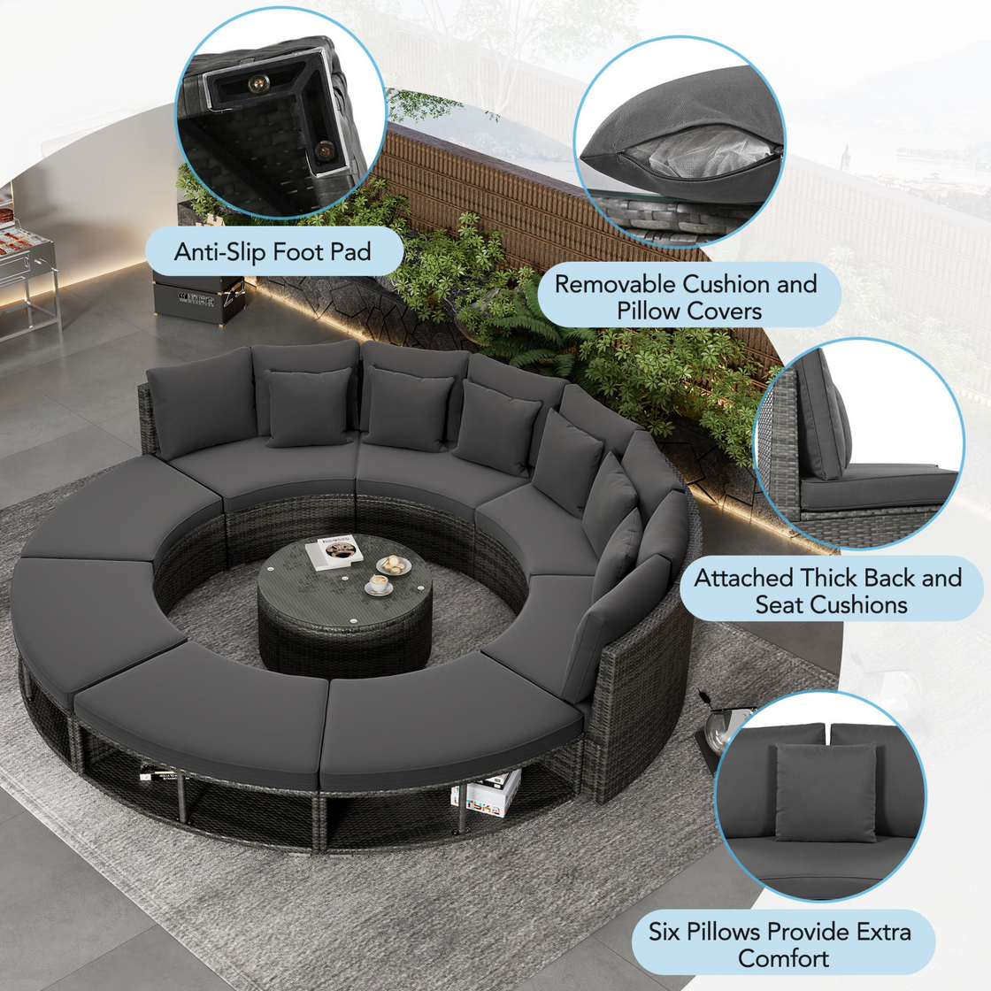 Luxury Circular Outdoor Sofa Set - 9-Piece Rattan Wicker Sectional Sofa Lounge Set with Coffee Table and 6 Pillows, Grey