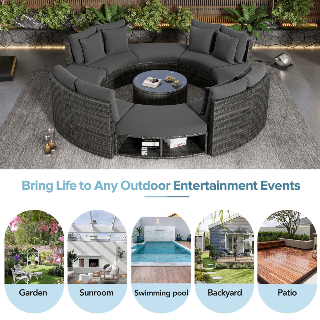 Luxury Circular Outdoor Sofa Set - 9-Piece Rattan Wicker Sectional Sofa Lounge Set with Coffee Table and 6 Pillows, Grey