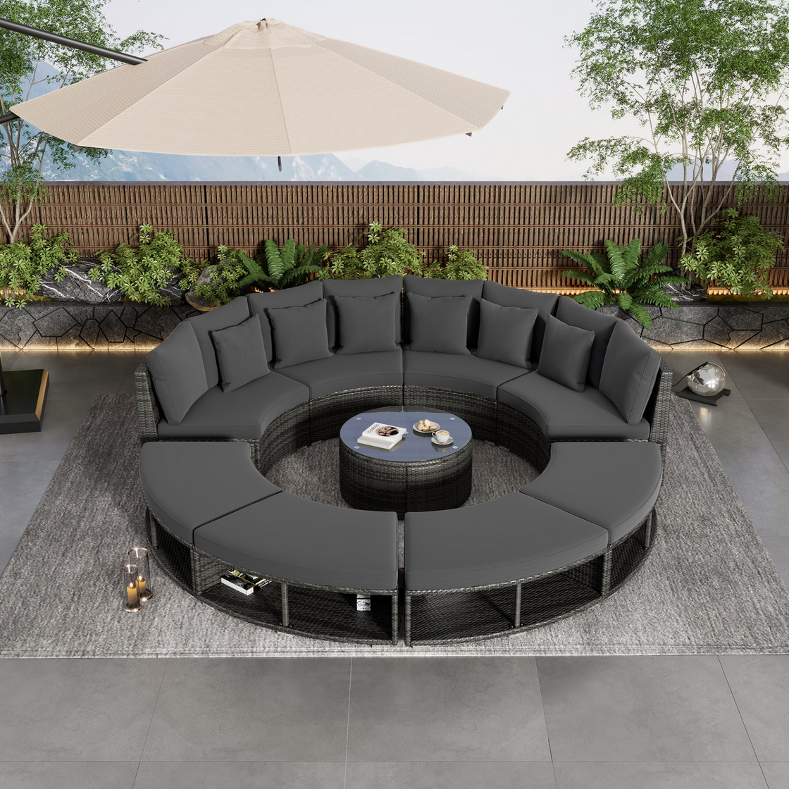 Luxury Circular Outdoor Sofa Set - 9-Piece Rattan Wicker Sectional Sofa Lounge Set with Coffee Table and 6 Pillows, Grey