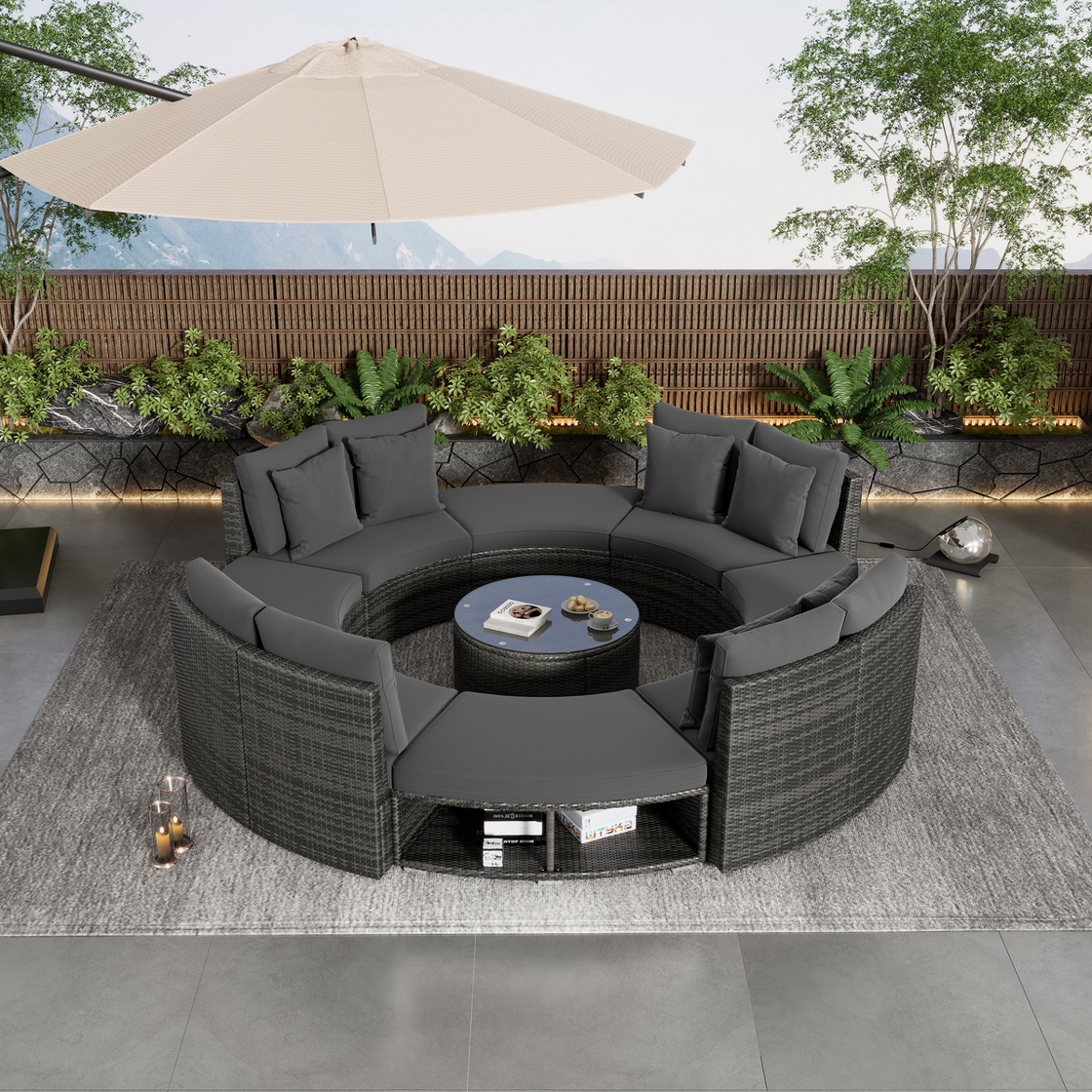 Luxury Circular Outdoor Sofa Set - 9-Piece Rattan Wicker Sectional Sofa Lounge Set with Coffee Table and 6 Pillows, Grey