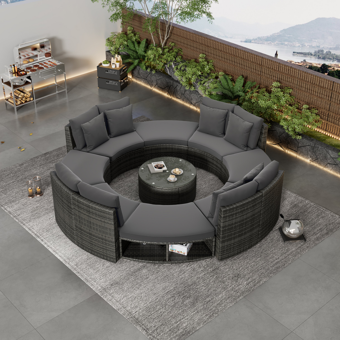 Luxury Circular Outdoor Sofa Set - 9-Piece Rattan Wicker Sectional Sofa Lounge Set with Coffee Table and 6 Pillows, Grey