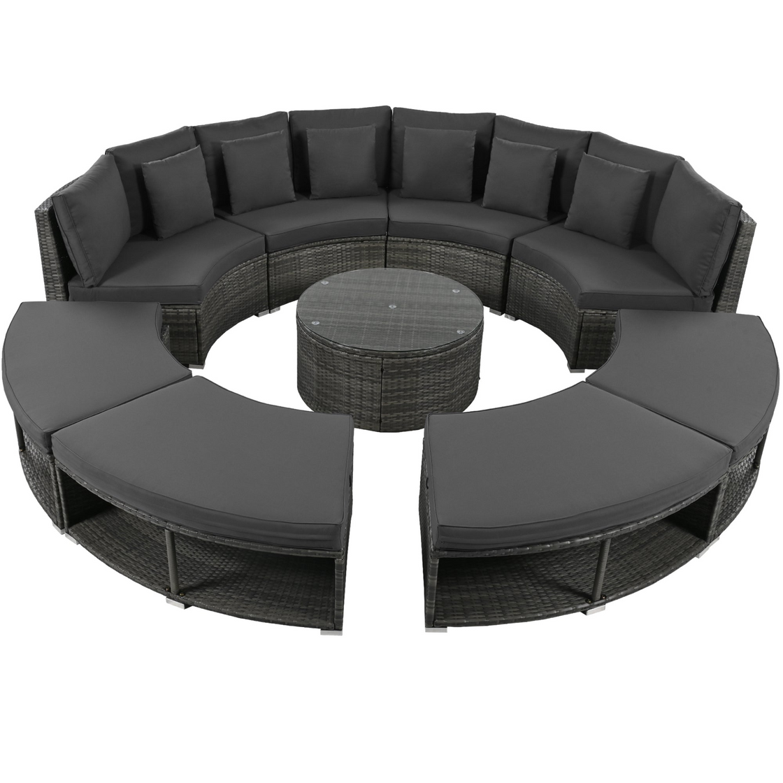 Luxury Circular Outdoor Sofa Set - 9-Piece Rattan Wicker Sectional Sofa Lounge Set with Coffee Table and 6 Pillows, Grey