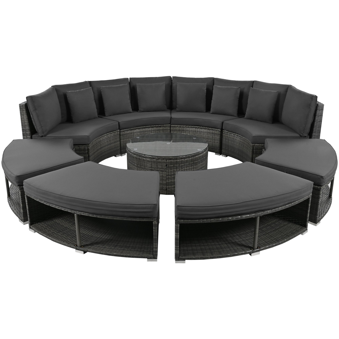 Luxury Circular Outdoor Sofa Set - 9-Piece Rattan Wicker Sectional Sofa Lounge Set with Coffee Table and 6 Pillows, Grey