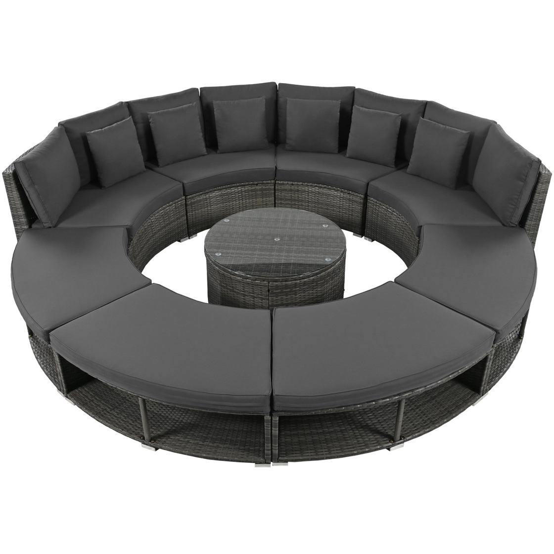 Luxury Circular Outdoor Sofa Set - 9-Piece Rattan Wicker Sectional Sofa Lounge Set with Coffee Table and 6 Pillows, Grey