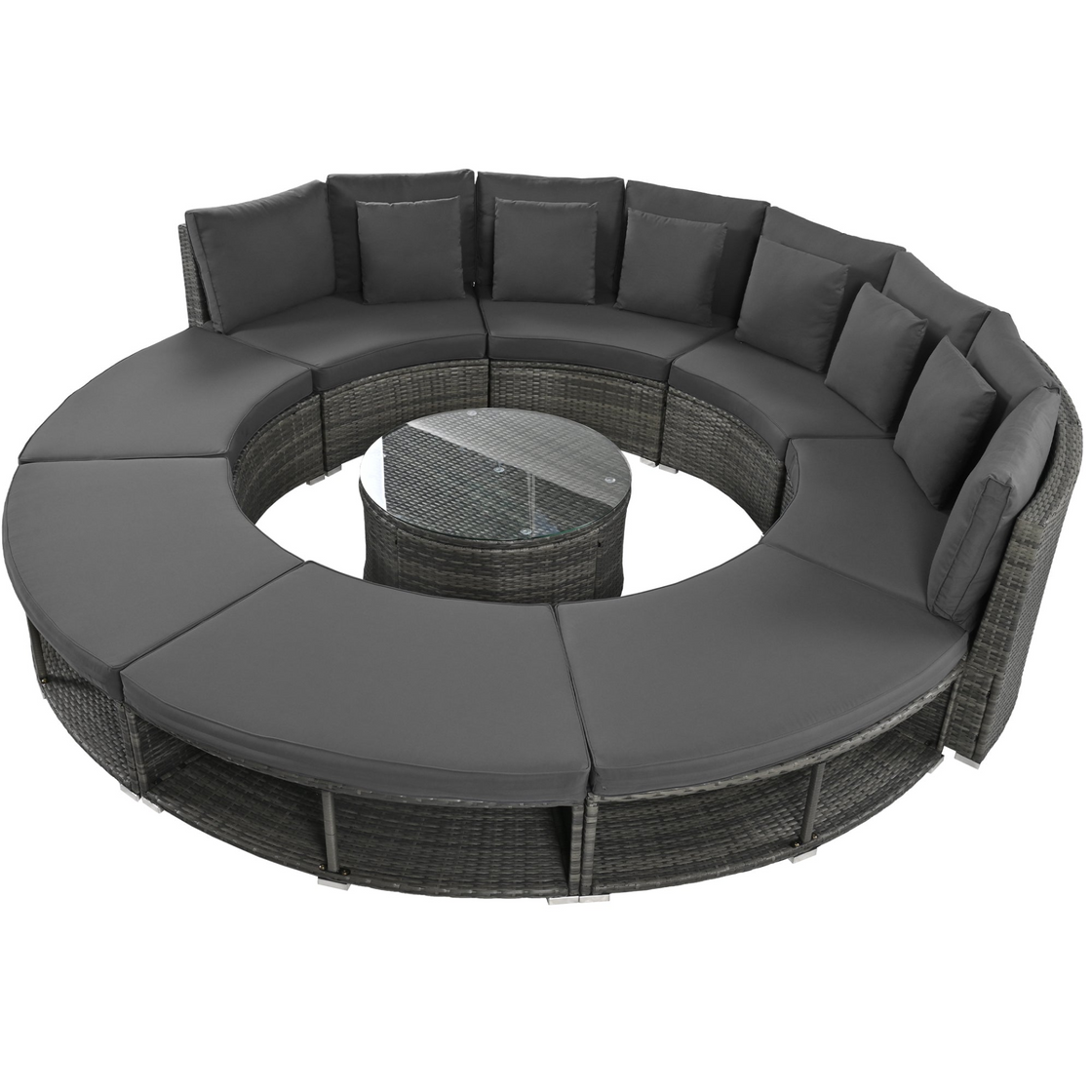 Luxury Circular Outdoor Sofa Set - 9-Piece Rattan Wicker Sectional Sofa Lounge Set with Coffee Table and 6 Pillows, Grey