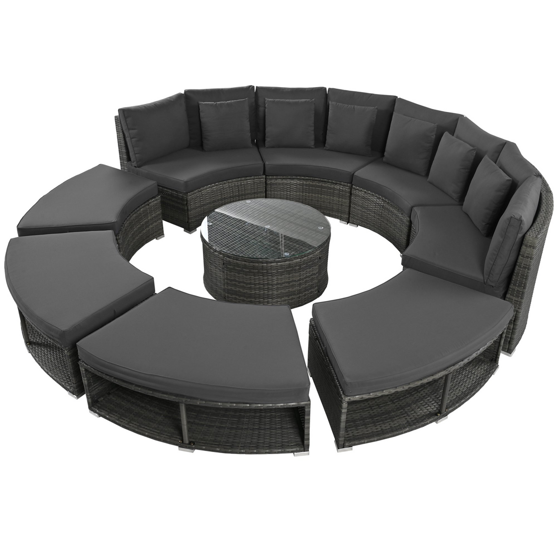 Luxury Circular Outdoor Sofa Set - 9-Piece Rattan Wicker Sectional Sofa Lounge Set with Coffee Table and 6 Pillows, Grey