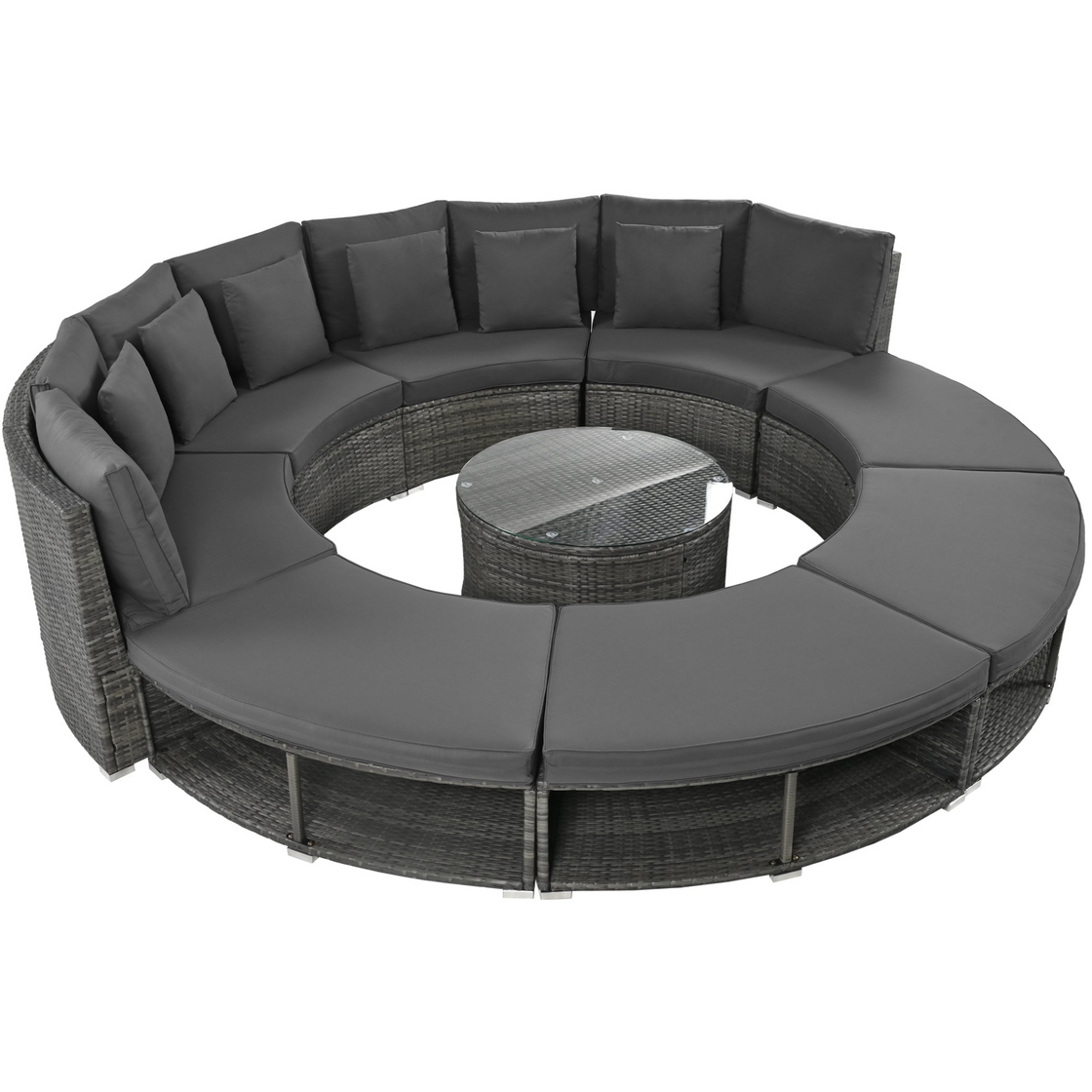 Luxury Circular Outdoor Sofa Set - 9-Piece Rattan Wicker Sectional Sofa Lounge Set with Coffee Table and 6 Pillows, Grey