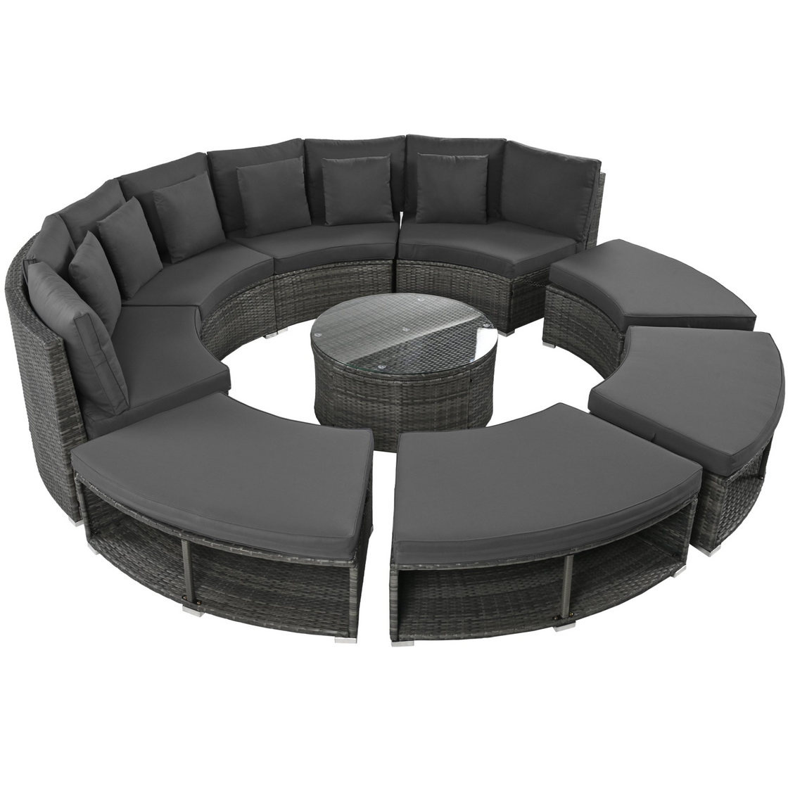 Luxury Circular Outdoor Sofa Set - 9-Piece Rattan Wicker Sectional Sofa Lounge Set with Coffee Table and 6 Pillows, Grey