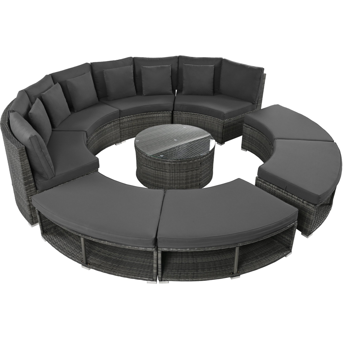 Luxury Circular Outdoor Sofa Set - 9-Piece Rattan Wicker Sectional Sofa Lounge Set with Coffee Table and 6 Pillows, Grey