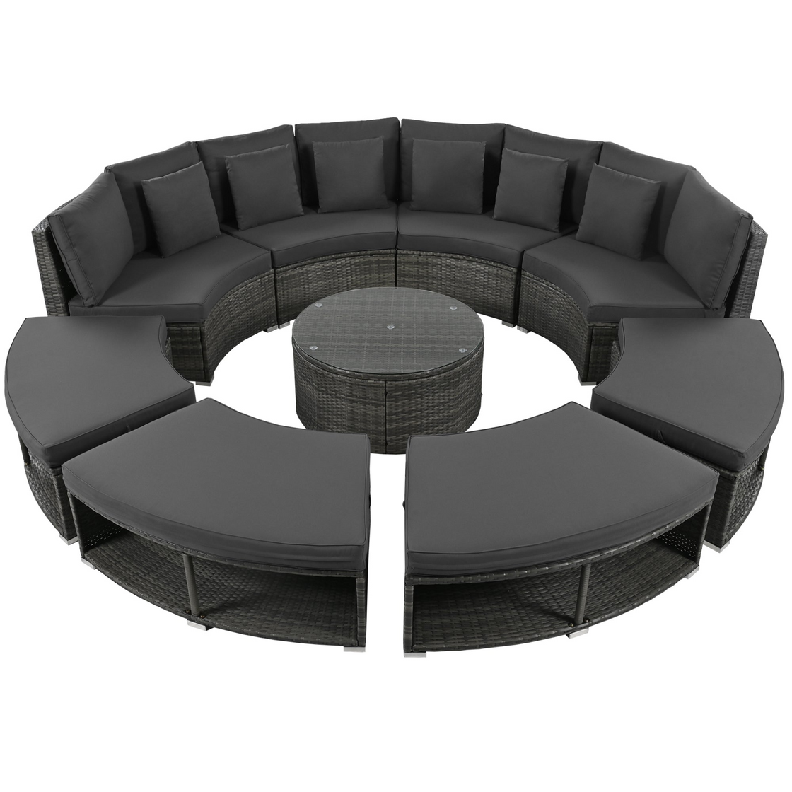 Luxury Circular Outdoor Sofa Set - 9-Piece Rattan Wicker Sectional Sofa Lounge Set with Coffee Table and 6 Pillows, Grey