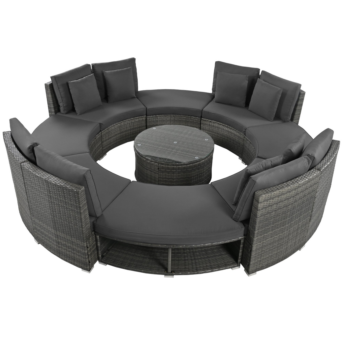 Luxury Circular Outdoor Sofa Set - 9-Piece Rattan Wicker Sectional Sofa Lounge Set with Coffee Table and 6 Pillows, Grey