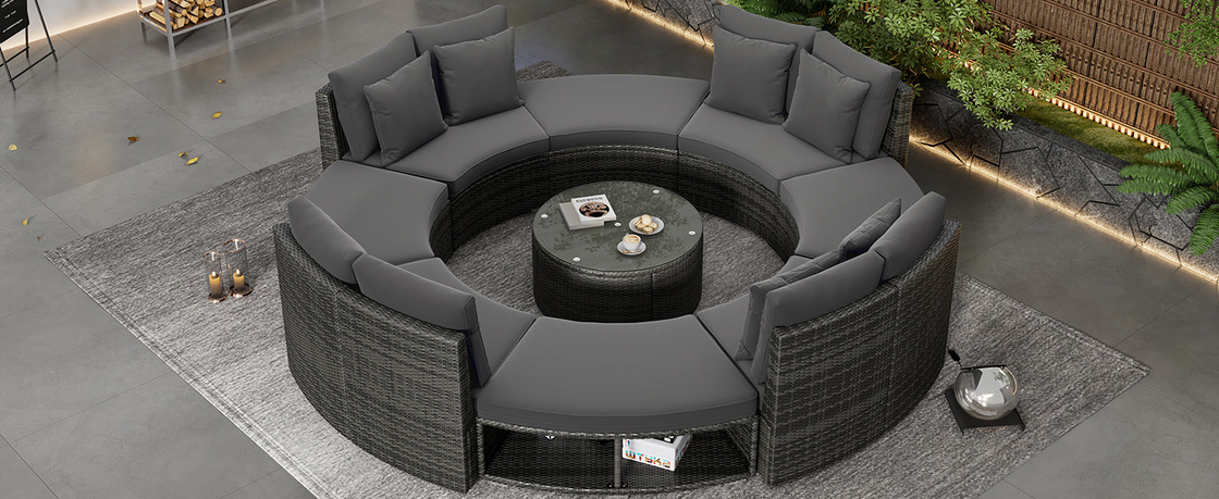 Luxury Circular Outdoor Sofa Set - 9-Piece Rattan Wicker Sectional Sofa Lounge Set with Coffee Table and 6 Pillows, Grey