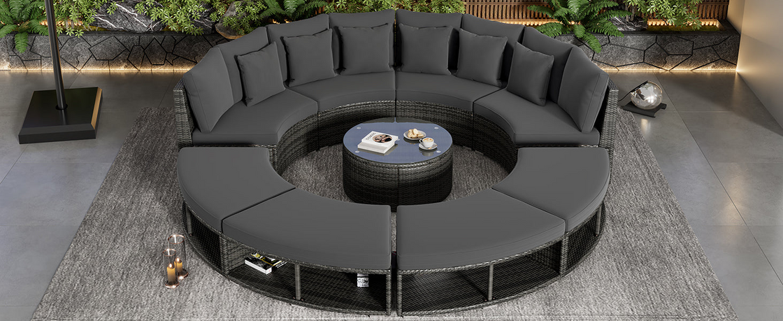 Luxury Circular Outdoor Sofa Set - 9-Piece Rattan Wicker Sectional Sofa Lounge Set with Coffee Table and 6 Pillows, Grey