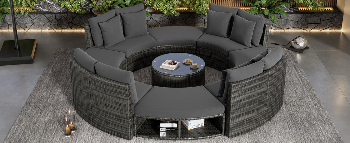 Luxury Circular Outdoor Sofa Set - 9-Piece Rattan Wicker Sectional Sofa Lounge Set with Coffee Table and 6 Pillows, Grey