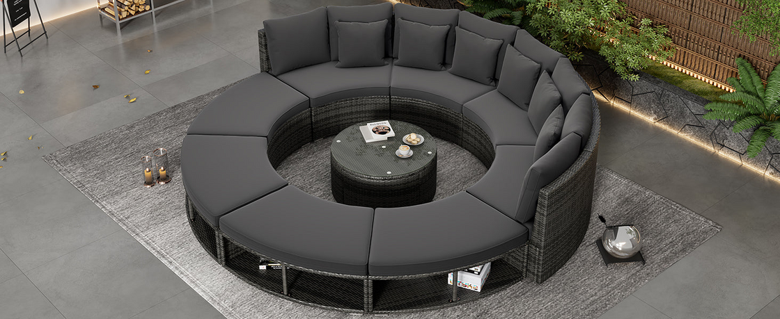 Luxury Circular Outdoor Sofa Set - 9-Piece Rattan Wicker Sectional Sofa Lounge Set with Coffee Table and 6 Pillows, Grey